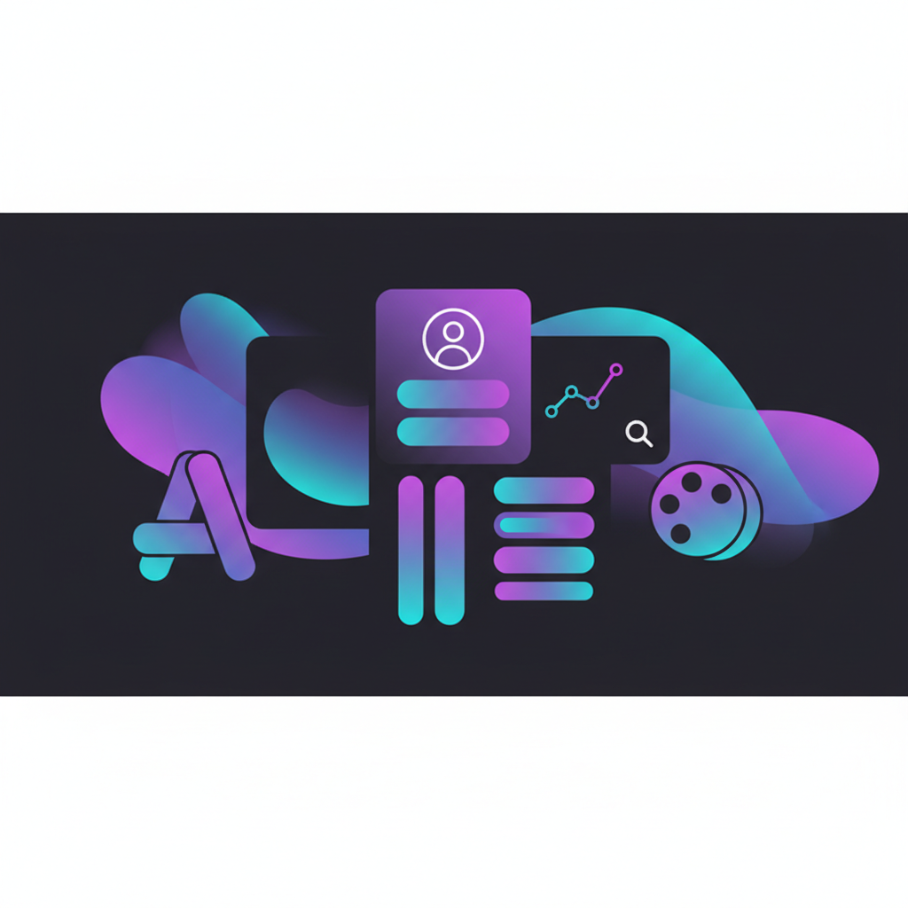 Illustration for "Branding Your Link in Bio: Colors, Fonts, and Visual Guidelines" — dark background with neon gradient icons showing profiles, links, and analytics.