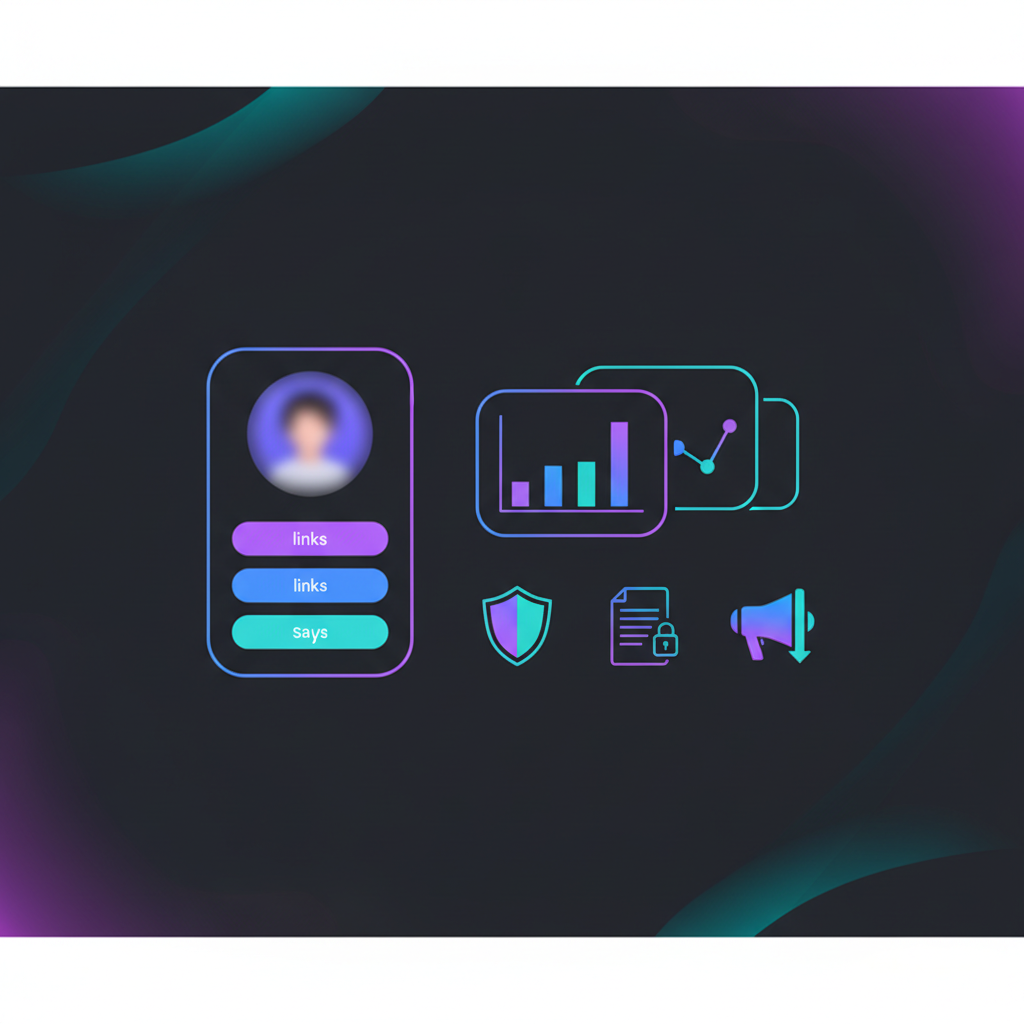 Illustration for "Link in Bio Safety and Trust: Policies, Legal Pages, and Reporting Abuse" — dark background with neon gradient icons showing profiles, links, and analytics.